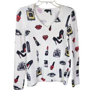 Tricotto Graphic Print Pullover Sweater S White V-Neck‎ Artsy Embellished Beauty